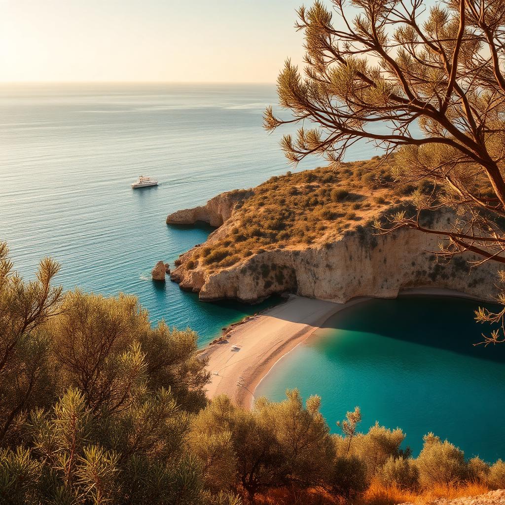 Turquoise bay and olive groves at Costa Navarino in Pylos