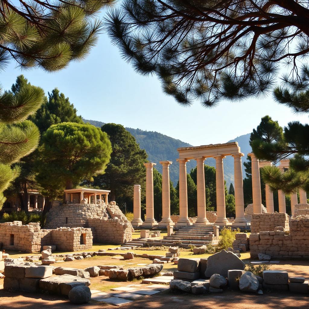 Ancient Olympia ruins and columns among pine trees